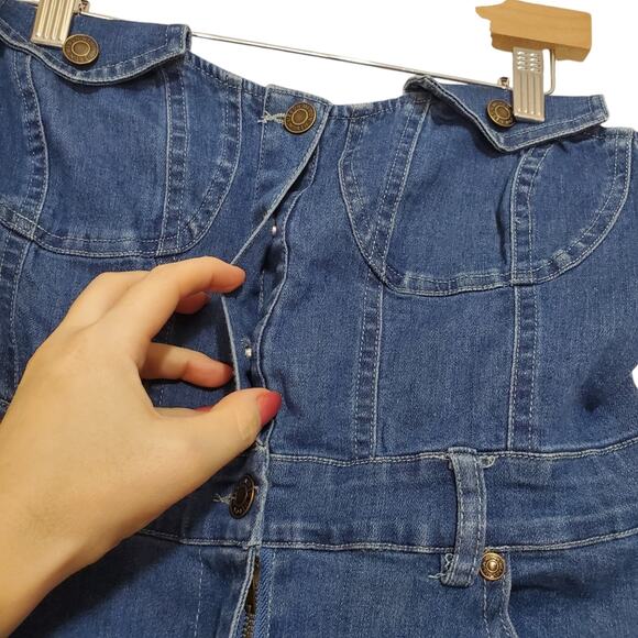 NWT Mebon | Y2K 90s Denim Button Front Strapless Tube Dress Pockets Stretch - Picture 2 of 8